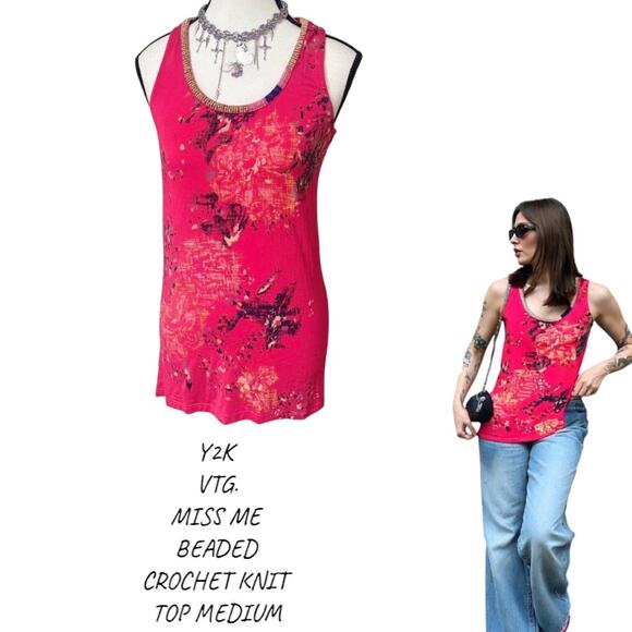 Y2K 2000'S‎ MISS ME FLORAL BEADED CROCHET KNIT TOP MEDIUM - Picture 1 of 8
